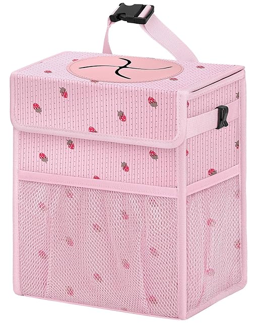 Corduroy Car Trash Can with Lid and Mesh Pockets - Leakproof Organizer,Multipurpose Waterproof Garbage Can/Trash Bin for Car(Pink/Red Strawberry Print-3 Gallons)