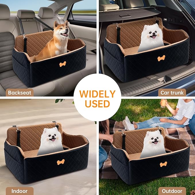 Car Seat for Large Size Dog, Booster Seat for Dogs Under 55 lbs or 2 Small Dogs, Soft Car Dog Bed Filling in Thick Memory Foam with 2 Safety Leashes and Storage Pocket (Brown/Black)