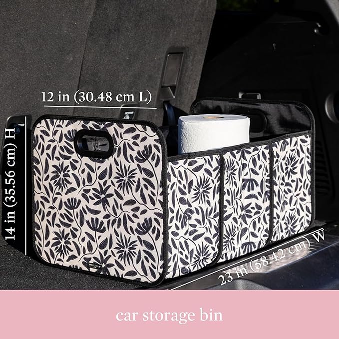 Steel Mill & Co Car Storage Bin, Car Accessories for Women, Cute Diaper Caddy/Trash/Grocery Tote for Vehicle, Trunk Organizer with Compartments, Hand Drawn Black Floral