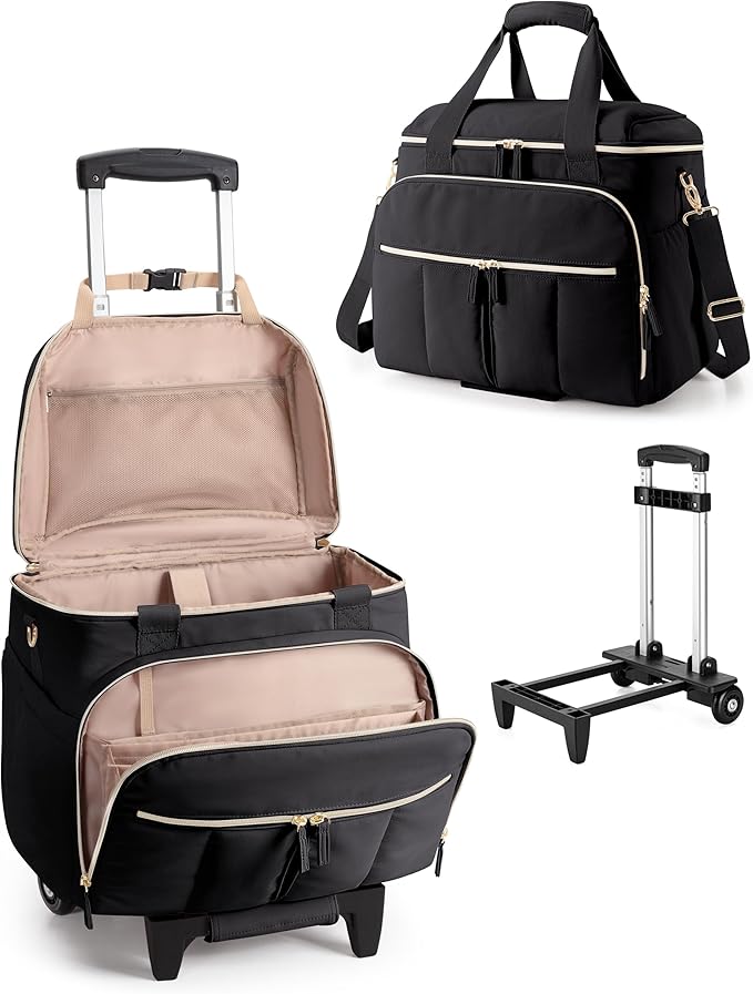 Marscamd Rolling Teacher Bag with Accordion File Organizer & 15.6" Laptop Compartment, Wheeled Work Briefcase Tote with Detachable Trolley & Crossbody Strap for Women, Black