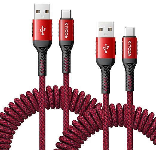 USB A to USB C Cable 6FT, 2Pack Coiled USB C Cable for Car, Braided USB to USB C Cable Fast Charging Cord Compatible with iPhone 17 16 15/iPad/Samsung Galaxy/Google Pixel and More USB C Device-Red