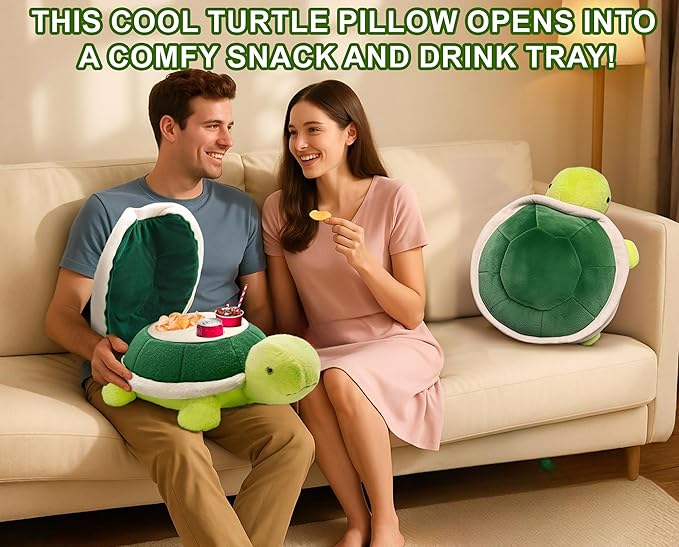 Couch Cup Holder Pillow Tray & Caddy,Headrest and Giant Turtle Stuffed Animal-For Sofa, Bed, Car，Camping, Double Smooth zippers for the shell, soft plush.Spill-Proof Machine Washable tray (23inches）