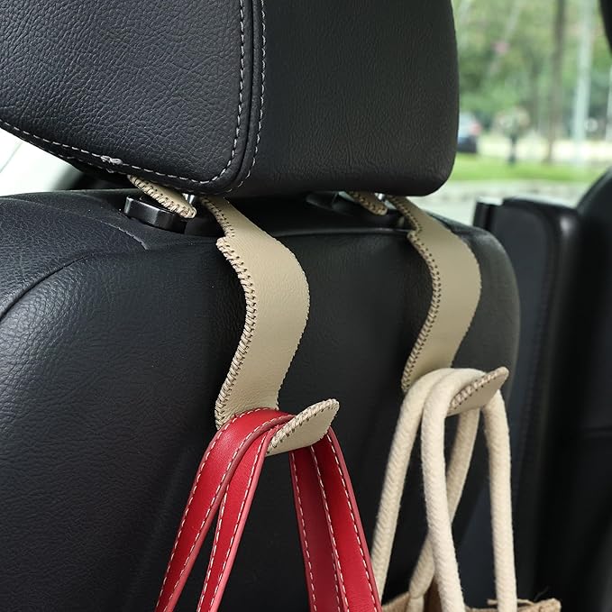 Amooca Car Seat Headrest Hook 4 Pack Metal Core Hanger Universal Car Storage Organizer for Handbag Purse Coat S Type Leather Beige
