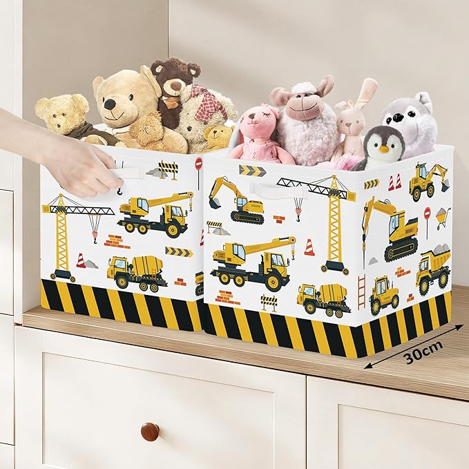 Clastyle 3 pcs Cars Cube Storage Unit Bin with Metal Frame Foldable Kallax Box for Shelves Parents Closet Organizer Basket for Book Clothes Toy Organizer, Yellow Vehicle, 11.8x11.8x11.8 in