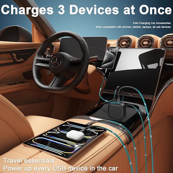 Retractable Car Charger USB C, 93W Fast Charging Car Charger Adapter with Voltage Display, [QC3.0 & PD 45W] 12-24V Cigarette Lighter USB Charger Adapter for iPhone 17 16 Galaxy iPad Android