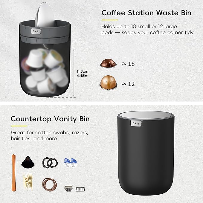 EKO Fandy 0.58 Gal/2.2L Mini Trash Can with Lid, Swing-Top Desktop Trash Can for Bathroom, Countertop, Vanity, Desk or Office, Small Garbage Bin (Black)