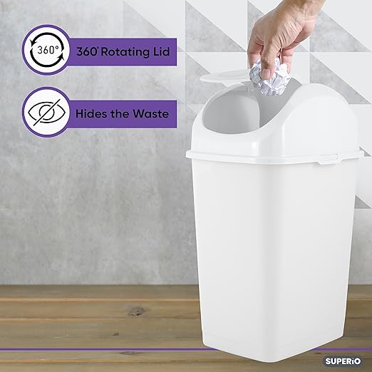 Superio Small 2.5 Gallon Plastic Trash Can with Swing Top Lid, Compact Slim Waste Bin for Under Desk, Office, Bedroom, Bathroom, Dorm Room, 10 Qt. Portable Garbage Can (White)
