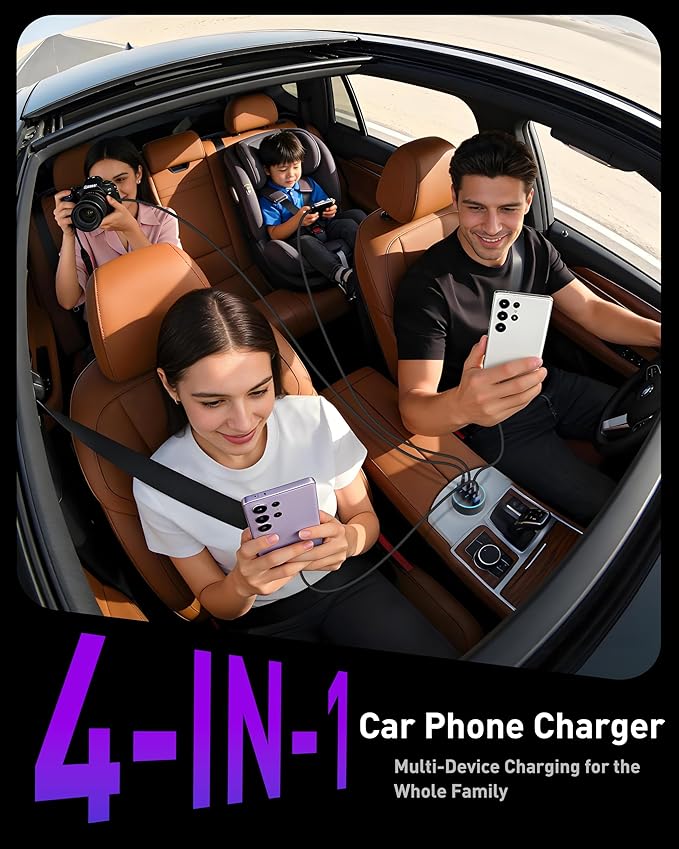 USB C Car Charger, 90W 4-Port Super Fast Charging Car Charger Adapter Dual USB-C & USB-A Cigarette Lighter with 240W Type C to C Cable Cord for Samsung Galaxy S25/S24/S23/S22/S21 Ultra, Android Phone