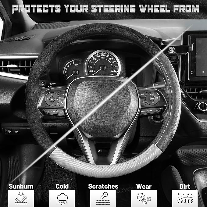 SEG Direct Car Steering Wheel Cover for F-150 Tundra Range Rover 15.5-16 inch, Auto Interior Accessories, Black with Sliver Carbon Fiber Pattern