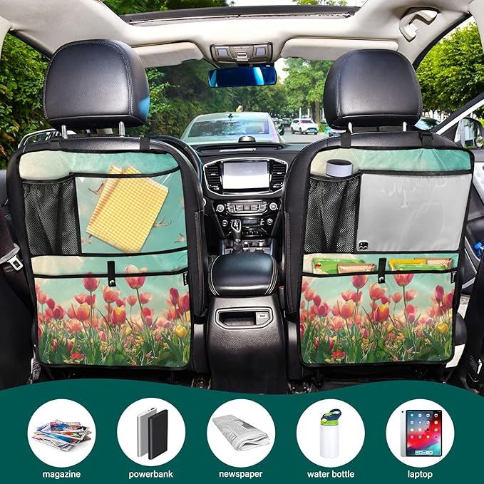 Beautiful Spring Tulips and Herringbone Birds 1 Pack Backseat Car Organizer with Storage Pockets Seat Back Organizers for Kids Kick Mats Backseat Protector Automotive
