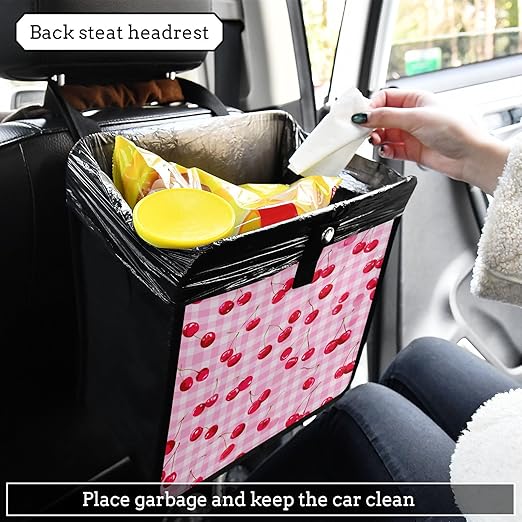 Car Trash Can Organizer Bin with Adjustable Strap for Back Front Seat Console Waterproof Leakproof Collapsible Portable 8.66 Inch Pink Juicy Checkered Cherry