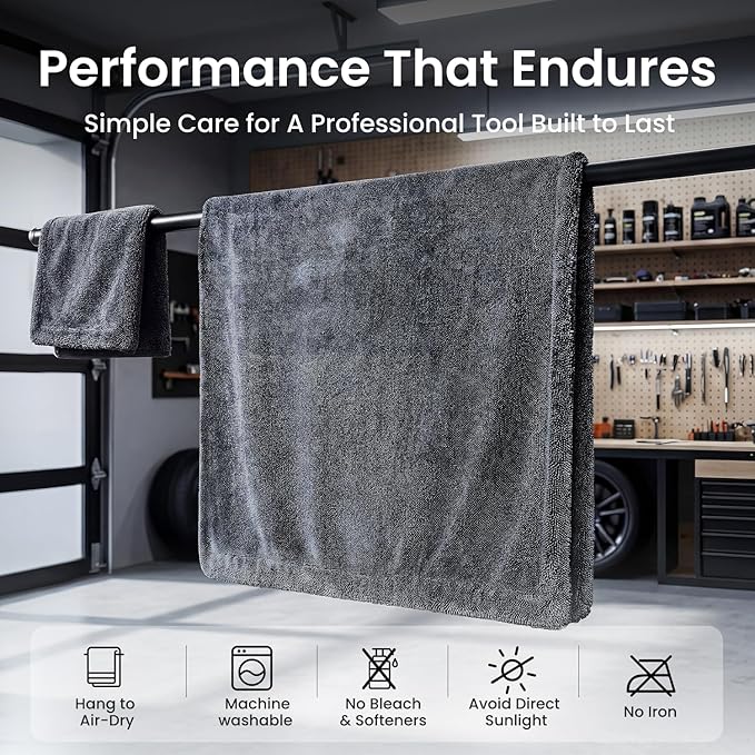 REEVAA Superior Microfiber Car Drying Towel [3S Drying, Pro-Grade Care] Car Cleaning Cloth Accessories for Sedan, SUV, Truck, 1300GSM, 2-Pack (36" × 24"+16" × 16"), Gray