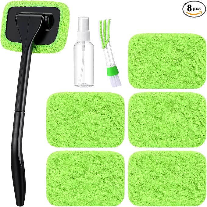 FoldTier 8 Pcs Car Windshield Cleaner Tool Kit with Removable Handle, Microfiber Towel Pads, Brush, Empty Spray Bottle for Auto Glass Wiper Suvs Rvs & Home Windows(Green)