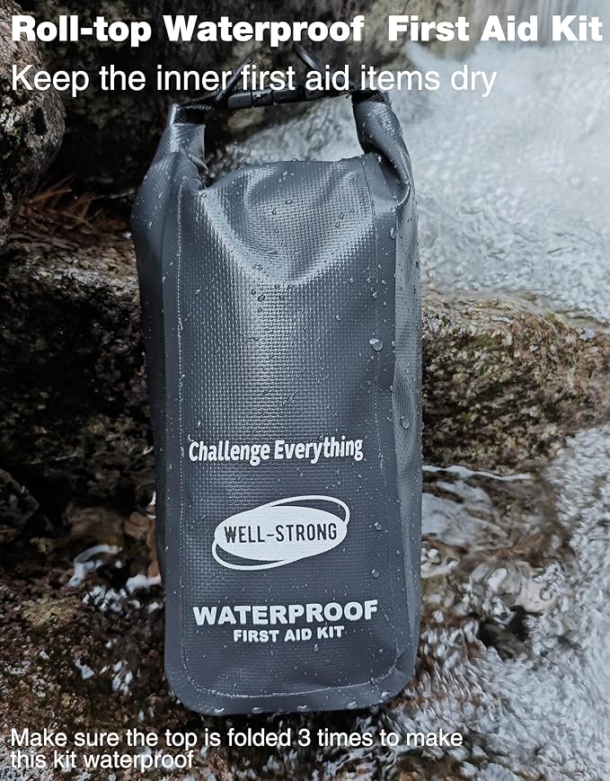 Boat First Aid Kit Waterproof, WELL-STRONG Marine Emergency Kit with Roll Top Dry Bag for Boating Fishing Kayaking – Water-Resistant Contents for Camping & Beach（Dark Grey）