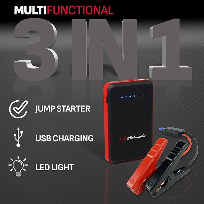 Schumacher Electric 800 Peak Amp 12V Portable Lithium Car Battery Jump Starter & Power Pack - Lithium Ion Jump Box - with USB Charging & LED Emergency Light - SL1638