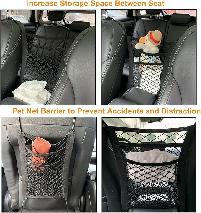 DoL Car Dog Net Barrier. Pet Mesh Barrier with Storage Bag for Water Bottles,DVDs. Stretchable Organizer Bag for Jeep,Off-Road,Pickup SUV. Barrier of Backseat Pet Kids.