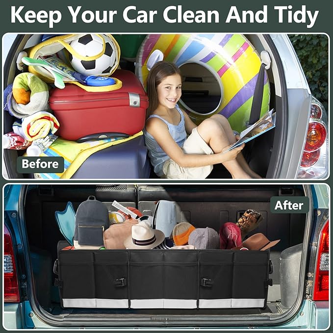 Trunk Organizer for Car, 95L Large Capacity Storage with Non-Slip Bottom Strips and 2 Retractable Straps, Cargo Organizer for Suv, Truck, Sedan, Waterproof Portable Car Organizers for Women Men