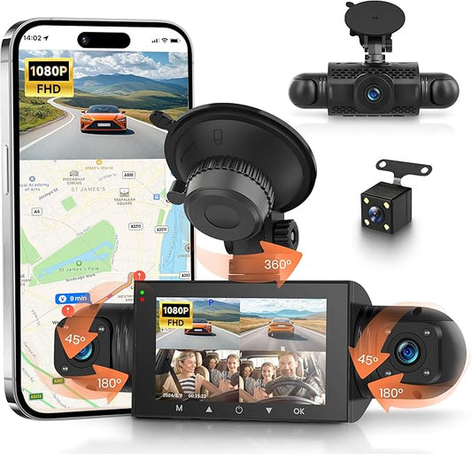 Rimoody 4-Channel 360° Dash Cam, 1080P Full HD Car DVR with Front/Rear/Inside/Side Cameras, WiFi App Control, Night Vision, G-Sensor, Loop Recording, 24H Parking Monitor, 3 Inch Display