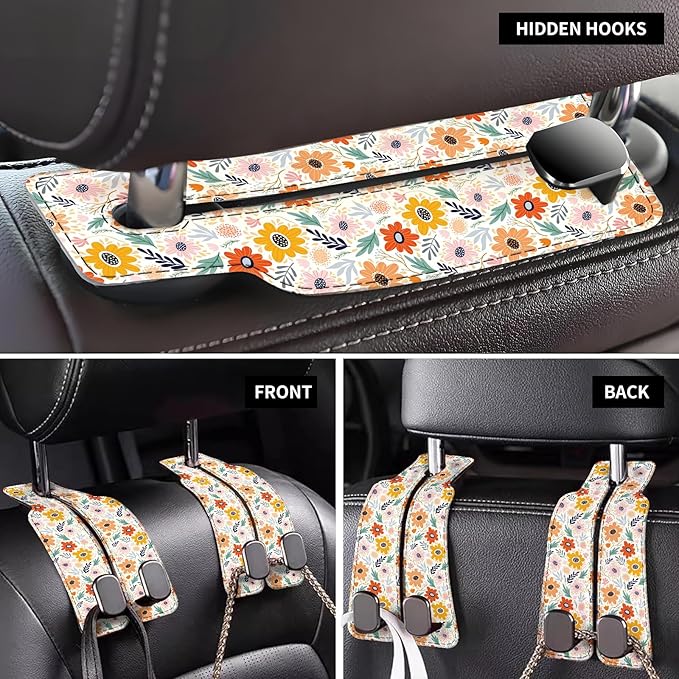 Car Seat Back Storage Headrest Hook, Premium Leather Double Metal Hook, Hanger Storage Organizer for Purse Cloth Bag, Car Interior Accessories Colorful Small Flowers