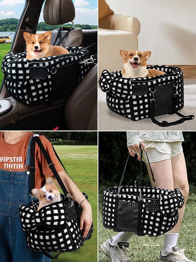 Prpeko Portable Dog & Cat Car Seat - Under 13 lbs, With Cozy Bow Neck Pillow (Grid-Black)