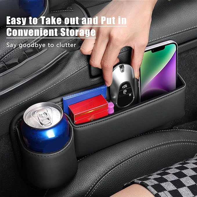 2 Packs Universal Car Seat Gap Storage Box, 2025 Car Leather Cup Holder Gap Bag, Adjustable Car Gap Seat Filler Organizer with Cup Holder for Glasses Phones Keys Cards (Red)
