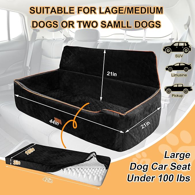 Dog Car Seat for Large Dogs Under 100LBS,Pet Booster Back Seat Removable Washable Pet Travel Safety with Safety Tethers & Storage Pocket (Black)