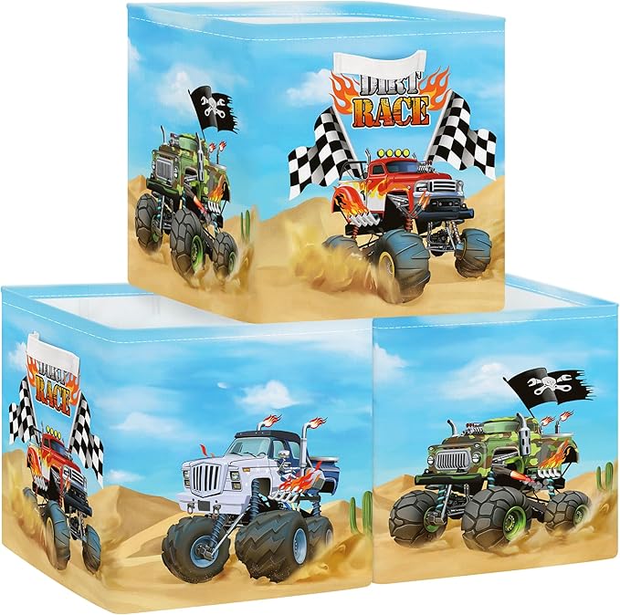 Clastyle Cars Kid Storage Cube Organizer Set Closet Clothes Cube Storage Bin Nursery Toddler Toy Box Chest Girl Boy Book Shelf Basket,Monster Truck,11.8x11.8x11.8 in