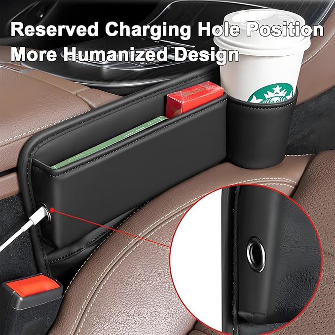 Car Seat Gap Filler Organizer, Universal Premium Leather Seat Organizer with Cup Holder, Seat Gap Storage Box with Bottle Holder, Car Leather Gap Bag Front Center Console Seat (Driver Side)
