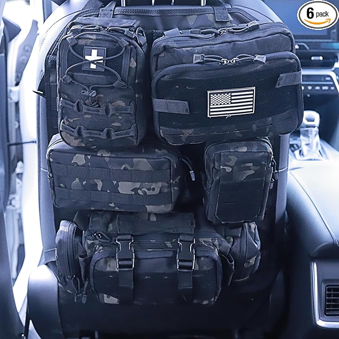 Universal Tactical Car Seat Back Organizer Bag Tactical Molle Vehicle Organizers Panel Vehicle Protector Organizers with 5 Detachable Pouches for Car Truck Ford Jeep (Upgraded C model Black camo)