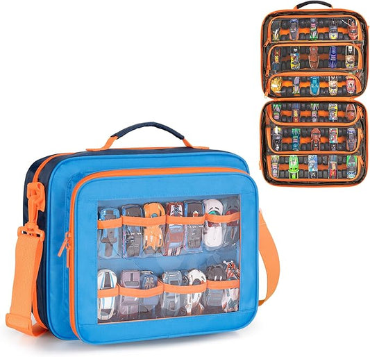 Toy Cars Carry Case Compatible with Hot Wheels Monster Trucks, Travel Truck Storage Compatible with Monster Jam Trucks up to 30, with Display Front Pocket for 1:64 Scale Mini Toy Cars, Blue, Bag Only