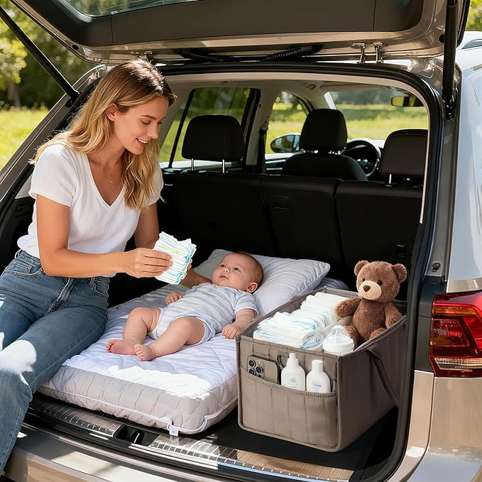 Zooawa Baby Diaper Caddy Organizer, Portable Nursery Storage Basket with Compartments, Handle & Shoulder Strap for Newborn Baby Essentials, Gift for Baby Shower, Nursery, Travel, Car, Mocha Brown