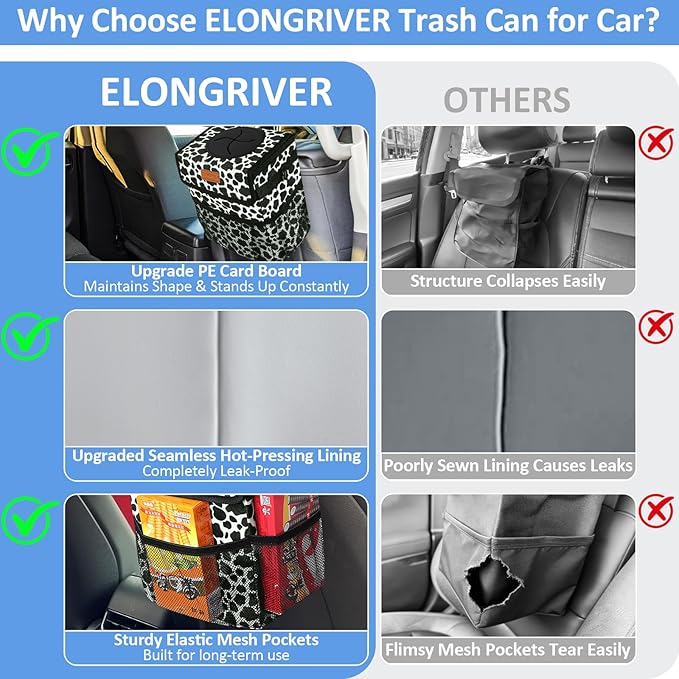 ELONGRIVER Car Trash Can Bin for Back Seat Leak Proof, Cute Car Trash Bag Hanging, Vehicle Trash Can for SUV Truck Van, Automotive Garbage Cans Front Seat Cow Print, 2 Gallons