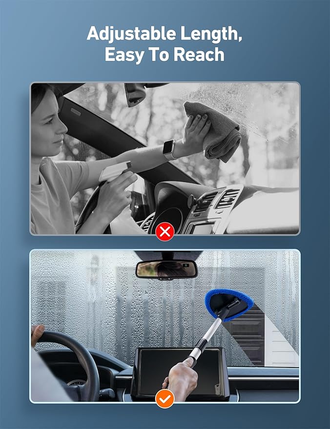AstroAI Windshield Cleaner Tool, Car Interior Window Detailing Cleaning Kit with Extendable Handle and 4 Easy-to-Install Reusable Microfiber Pads, Auto Glass Wiper Brush Kit for Car&Home, Blue, 21in