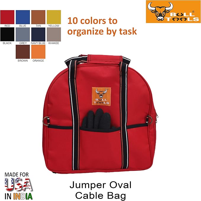 BULL TOOLS EV Charging & Jumper Cable Storage Bag, Organizer 6 Pocket Handmade Carry Bag - 15x15x4 Inch Waterproof Ballistic Polyester Oval Bag, Cords, Small Tools, For Motor Vehicles - Red