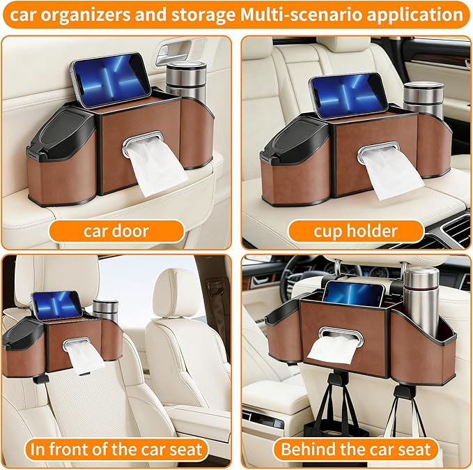 7-in-1 Multifunctional Car Seat Back Organizer, Car Back Seat Storage Box Trash Can & Cup Holder with Tissue Box, Hooks, Universal Fit for Most Cars, SUVs, Trucks (Brown)