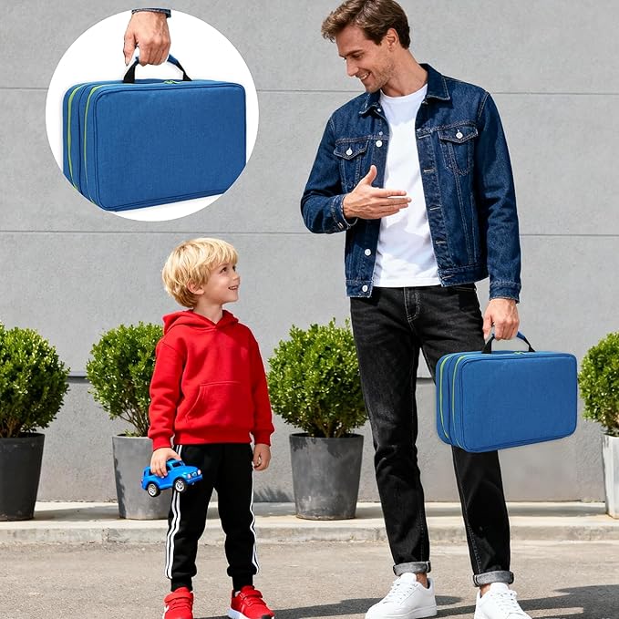 KISLANE Toy Car Storage Case with Elastic Bands and PVC Compartments - Holds 105 Diecast Cars, Matchbox Cars Storage Case, Portable Carrying case with Zipper Pockets (Blue)