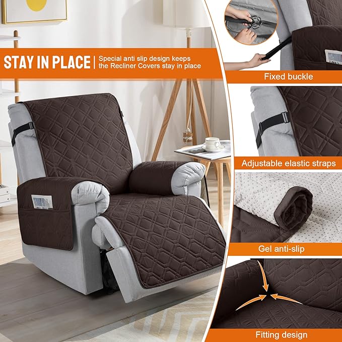VANSOFY 100% Waterproof Recliner Chair Covers, Recliner Cover Non-Slip Dog Chair Cover Furniture Protector Washable Slipcover with Pocket, Elastic Straps for Pets, Dogs(Chocolate, 23.6")