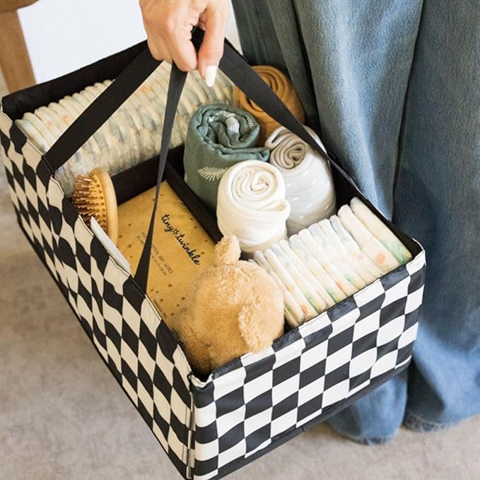 Tiny Twinkle Diaper Caddy Organizer | Foldable Baby Storage Basket with Removable Divider | Waterproof & Mess-Proof Fabric, Portable Nursery Organizer for Newborn Essentials (Black Checkers)