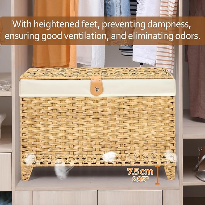 Honjourai Wicker Storage Basket with Lid,Rattan Shelf Basket with Removable Liner Bag,160L Storage Bin,Storage Trunk with Heightened Feet,Storage Container for Wardrobe,Home Organizer