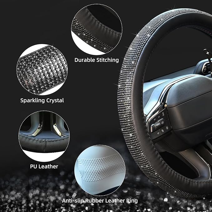 New Diamond Leather Steering Wheel Cover with Bling Bling Crystal Rhinestones, Universal Fit 15 Inch Car Wheel Protector for Women Girls,Black Diamond