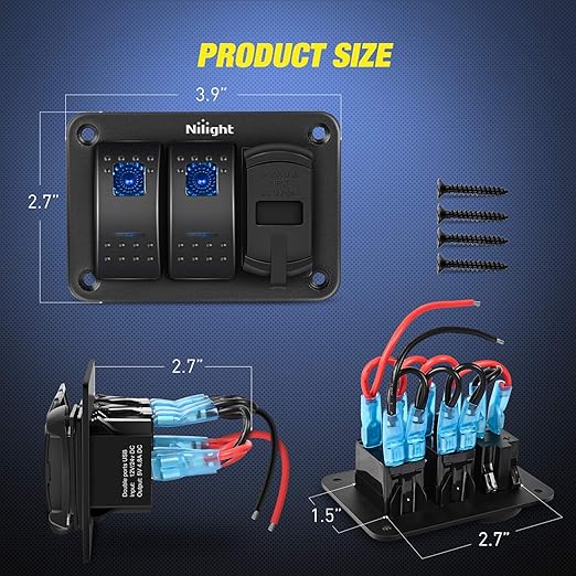 Nilight - 90116C 2 Gang Rocker Switch Panel with 4.8 Amp Dual USB Charger Voltmeter Waterproof 12V-24V DC Rocker Switch with Night Glow Stickers for CarsTrucks Boats RVs,Blue