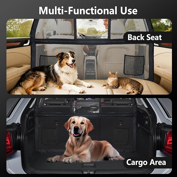 50" Pet Dog Car Barrier with Removable Visual Window, Pet Barrier for Car Escape-Proof, Back Seat Divider & Cargo Area Gate, Durable Dog Net for Car, Ideal for Trucks, SUV & Mid-Sized Vehicle
