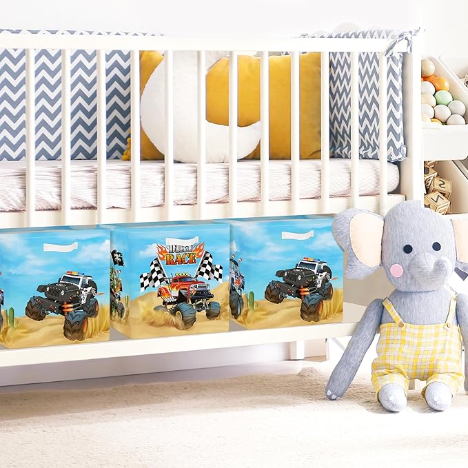 Clastyle Cars Kid Storage Cube Organizer Set Closet Clothes Cube Storage Bin Nursery Toddler Toy Box Chest Girl Boy Book Shelf Basket,Monster Truck,11.8x11.8x11.8 in