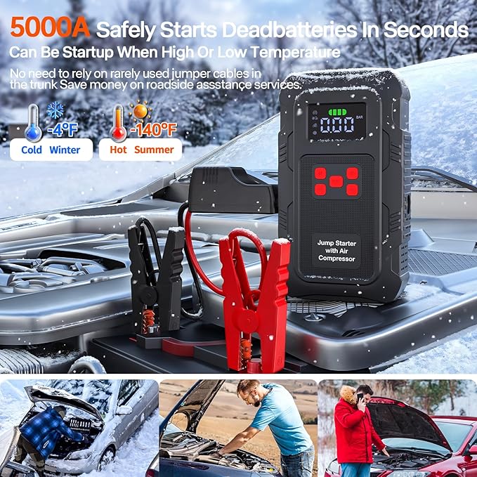 5000A Jump Starter with Air Compressor,A1 Car Jumper Starter with 150PSI Tire Inflator 12V Jump Box with LCD Display,Flashlight,Storage Case (Up 10L Gas/8L Diesel Engine