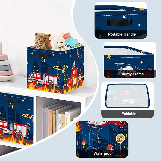 Clastyle Cars Kid Storage Cube Organizer Set Closet Clothes Cube Storage Bin Nursery Toddler Toy Box Chest Girl Boy Book Shelf Basket,‌Fire Truck,11.8x11.8x11.8 in