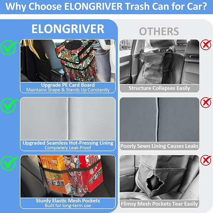 ELONGRIVER Car Trash Can Bin for Back Seat Leak Proof, Cute Car Trash Bag Hanging, Vehicle Trash Can for SUV Truck Van, Automotive Garbage Cans Front Seat Red Leaves, 2 Gallons