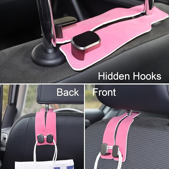 Purse and Bag Hook for Car, Zinc Alloy Seat Headrest Hooks, Upgraded Leather Cute Car Seat Back Purses Hanger and Bags Holder (Pink, 2Pack)