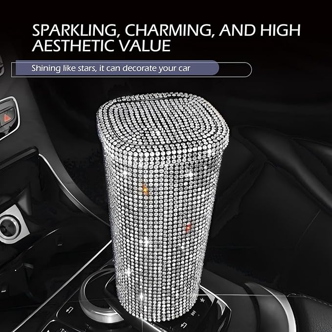 Bling Car Trash Can, Sparkly Rhinestone Cup Holder Car Garbage Can with Trash Bags, Universal for Cars, Offices, Homes – Stylish Cars Interior Accessory for Women (White)