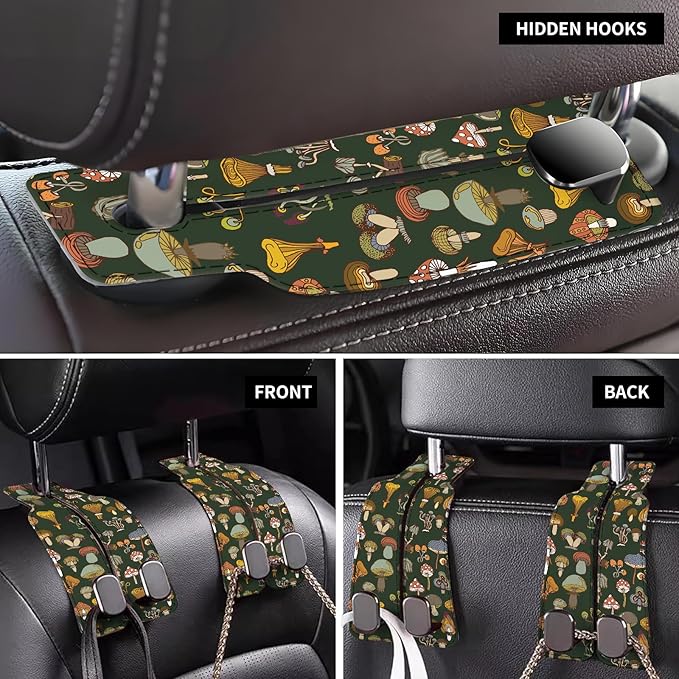 Car Seat Back Storage Headrest Hook, Premium Leather Double Metal Hook, Hanger Storage Organizer for Purse Cloth Bag, Car Interior Accessories Brown Mushrooms