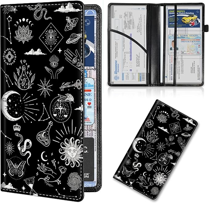 Car Registration and Insurance Card Holder, Premium PU Leather Vehicle Wallet Cover for Glove Box Car Organizer Drivers License / Cards / ID Essentials Document Holder, Astrology Celestial Theme